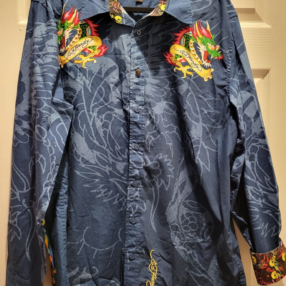 Authentic Ed Hardy Vintage Dragon Men's Button-down Shirt